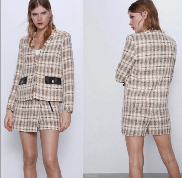 Zara Jackets & Blazers - Zara Tweed Plaid Blazer + Skort Set NWOT Size S Beige Black Pockets